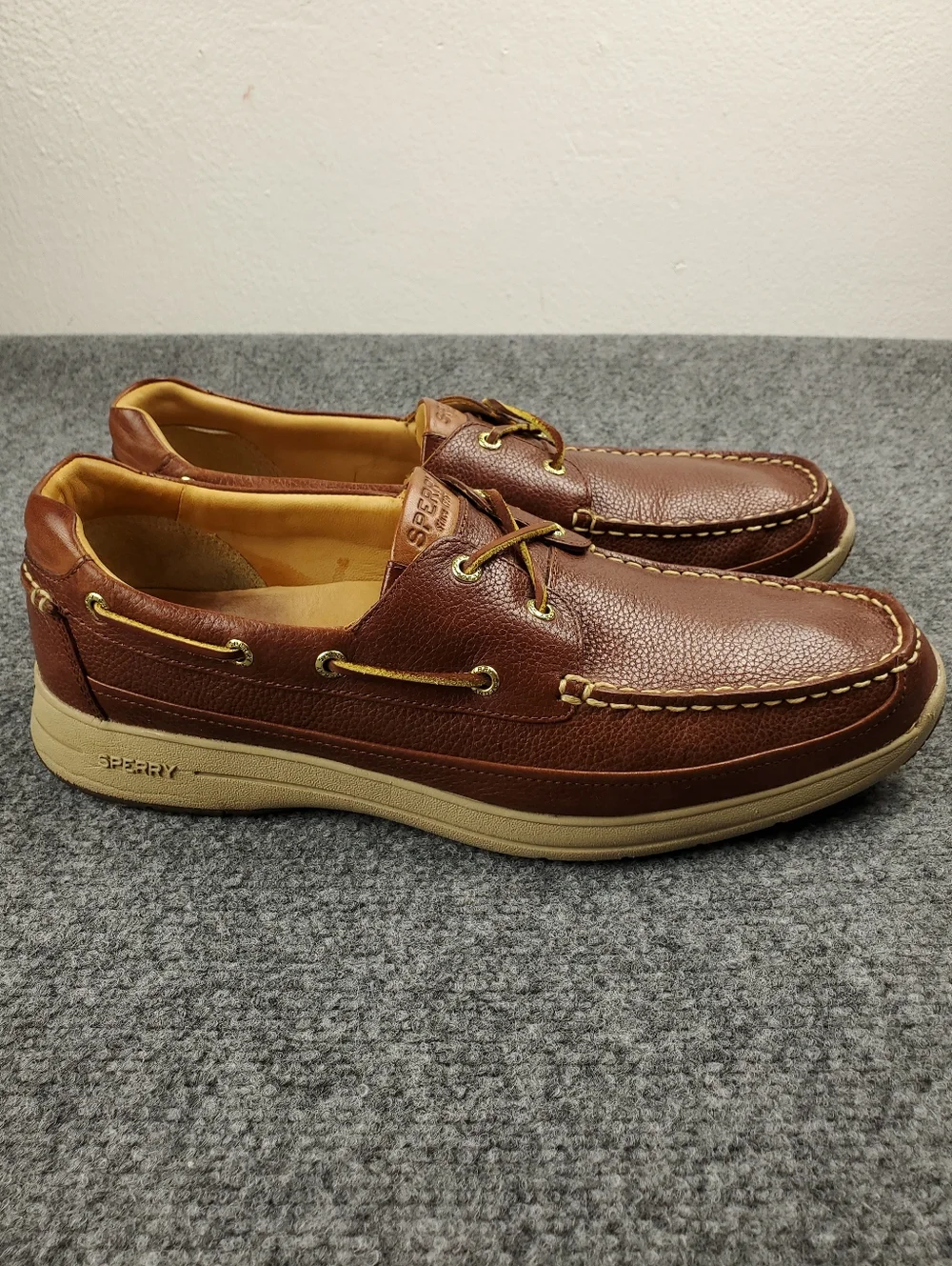 Sperry Gold Cup Boat Shoes Mens 13 Ultralite 2 Eye Cognac Brown Pebbled Leather